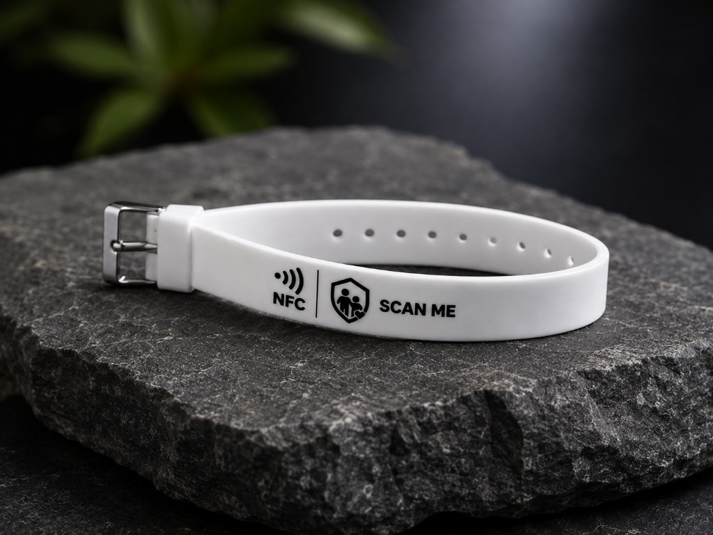Weisses SafeBand NFC-Silikonarmband mit schwarzem Aufdruck „NFC – Scan me“ auf einem Steinquader